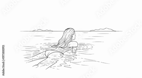 Woman swimming in the water, facing away from viewer, distant islands