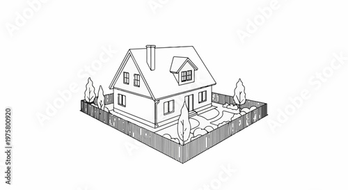 A simple, line-art drawing of a detached house with a chimney, dormer, and fenced garden
