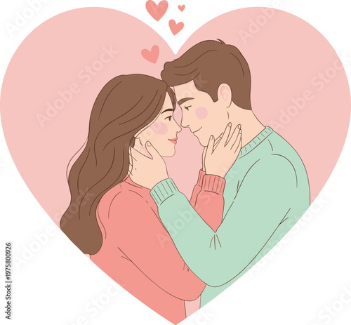 Vector illustration of romantic couple inside pink heart with affectionate gesture and love symbols