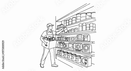 A store clerk stocks shelves with boxes of goods and jars