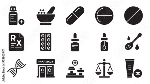 A comprehensive set of medical and pharmacy glyph icons representing healthcare services and medicine