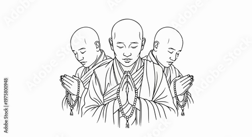 Three bald monks in robes holding prayer beads, praying with hands clasped
