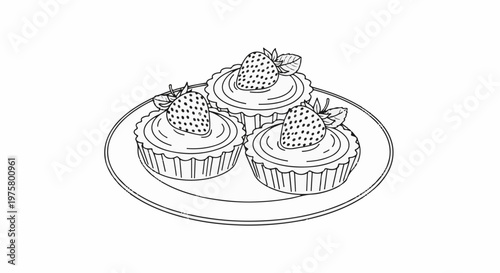 Three delicious strawberry tarts on a plate, sketched in black and white