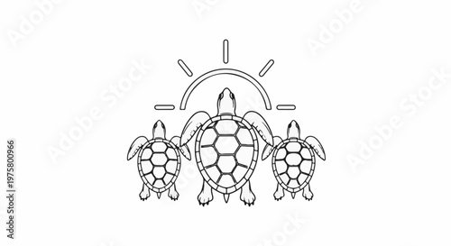 Three turtles swimming towards a stylized sun
