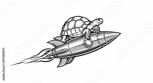 Tortoise rides a rocket ship, moving fast with fire trails