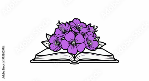 An open book displays a cluster of vibrant purple flowers and leaves