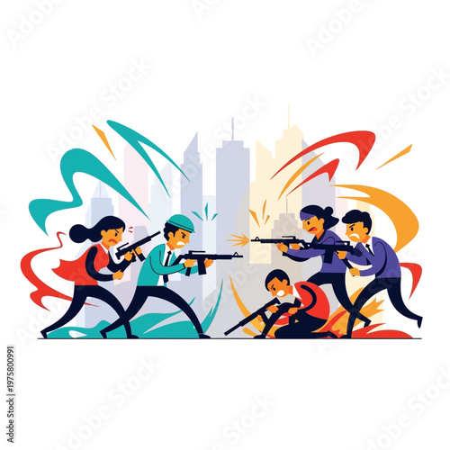 Businessmen and businesswomen in a city battle with guns, corporate conflict, illustration