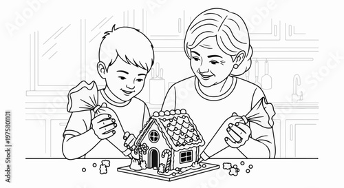 A boy and his grandmother decorate a gingerbread house in a kitchen
