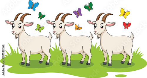 Vector illustration of three cartoon goats with colorful butterflies flying above on grass