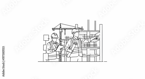 Construction site workers reviewing blueprints under a crane