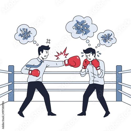 Businessmen boxing in ring, brain storming, conflict, competition, strategy, mental struggle