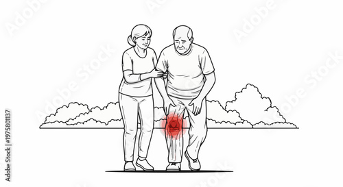 Elderly man with knee pain, supported by a woman