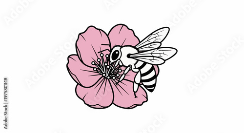 A cartoon bee gathers nectar from a delicate pink flower