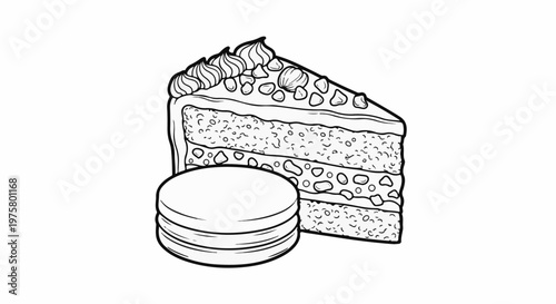 A detailed black and white illustration of a layered cake slice with frosting and a macaroon