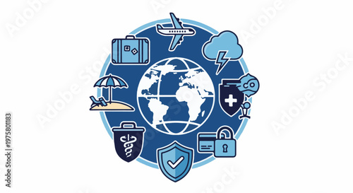Global protection icons travel, health, finance, and natural disaster