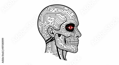A cyborg skull profile with an ominous red glowing eye and circuit board details
