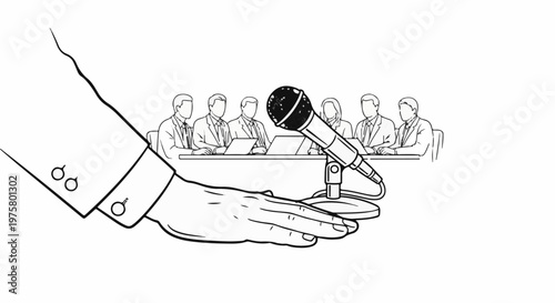 Hand offering microphone to panel of people at a table