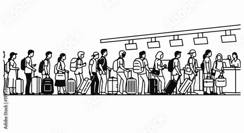 People with luggage queuing at an airport check-in counter