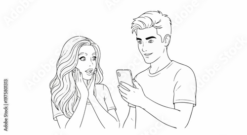 A man shows a smartphone to a surprised woman, black and white line art