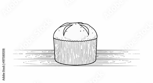 A rustic black and white line drawing of a round loaf of bread on a wooden surface