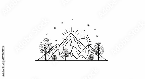 A minimalist outline of a mountain range with trees under a star-filled sky and rising sun