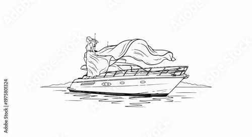 A stylized line drawing depicts a lady on a yacht, her flowing gown billowing