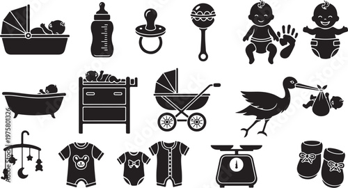 Baby Care and Nursery Icons in Black and White