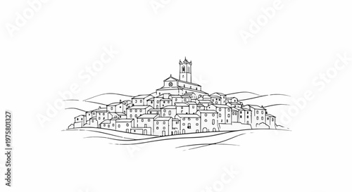 A sketch of a European hilltop village with a prominent church