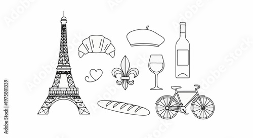 Paris icons Eiffel Tower, croissant, beret, wine, bread, bike, heart, fleur-de-lis