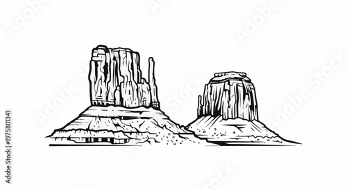 Iconic desert rock formations stand tall against a stark white background