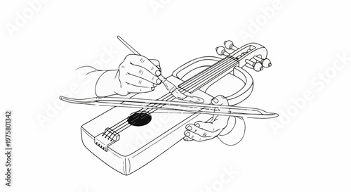 Hands playing a stringed instrument with a bow and pick