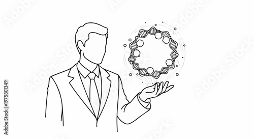 A person in a suit presents a circular, scientific model showing DNA and molecular structures