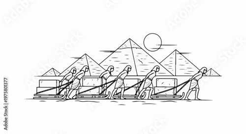 Ancient builders pulling stone blocks with pyramids and sun in the background