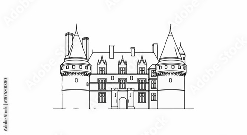 Ornate, symmetrical castle drawing with turrets, peaked roof and arched entrance