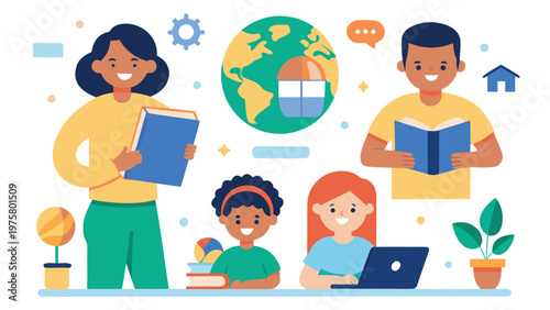 Diverse kids, students, and teacher learning, education icons