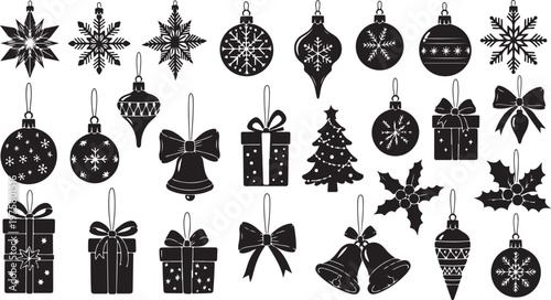 Black and white Christmas ornaments and decorations set