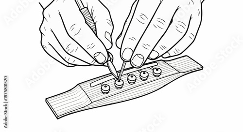 Hands adjusting guitar strings with tool on wooden bridge