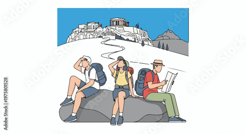 Hikers rest on boulder with ancient ruins in background