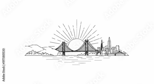 Iconic bridge with sunburst, city skyline, and mountains over water