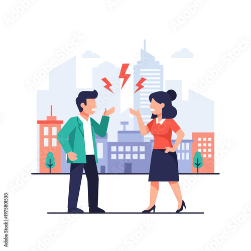Couple arguing in city, disagreement, conflict, stress, relationship problems, vector illustration