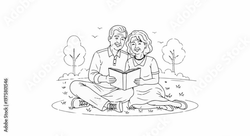 Happy elderly couple sitting on grass reading book outdoors