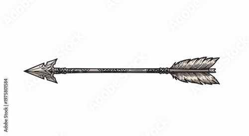Ornate arrow with feathered fletching and patterned shaft