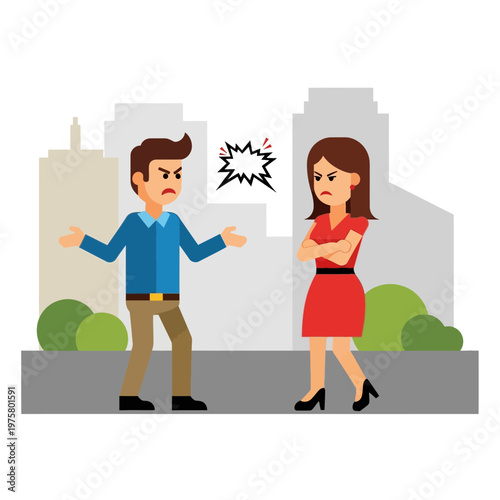 Couple Arguing Outdoors with Buildings in Background, Conflict and Disagreement
