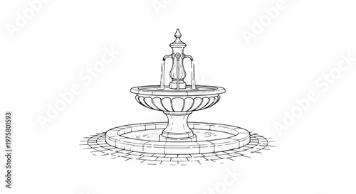 Ornate stone fountain with cascading water and paved circular base