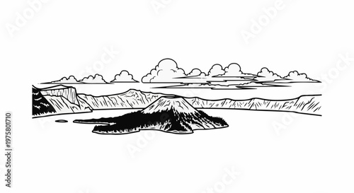 A stylized line art illustration of a volcanic island in a lake under a cloudy sky