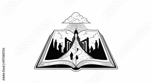 An open book with a pathway leading to a grand archway under a cloudy sky