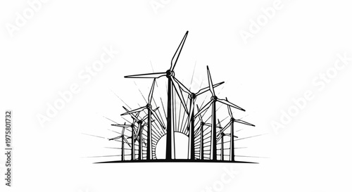Array of wind turbines with a stylized sunburst emerging from behind