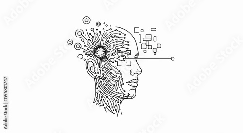 Futuristic head with circuits and data streams