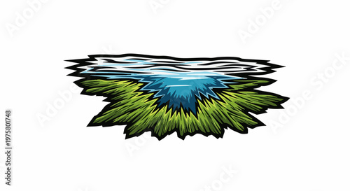 Stylized illustration of a body of water surrounded by vibrant green foliage