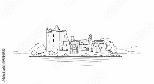 Ancient stone castle ruins stand on a small island amidst calm waters, with trees
